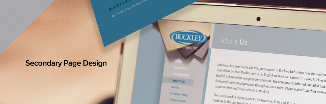 Text reading “Secondary Page Design” and a laptop showcasing Buckley Industries’ About Us page on their website.